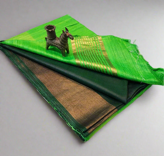 Parrot green Korean tussar ghicha pallu saree with staple body and Zari border| Peepal Clothing