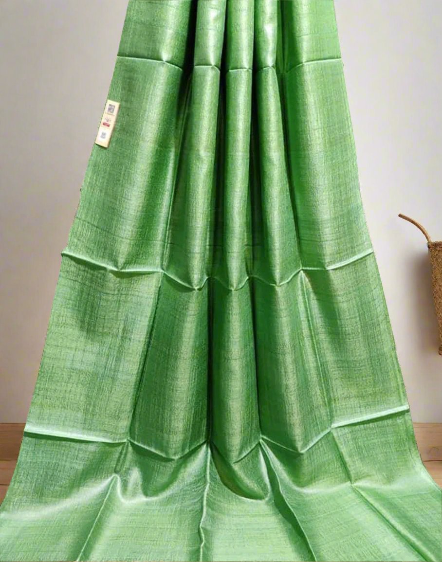 Pasta Green Pure Desi Tussar Plain Silk Saree| Peepal Clothing