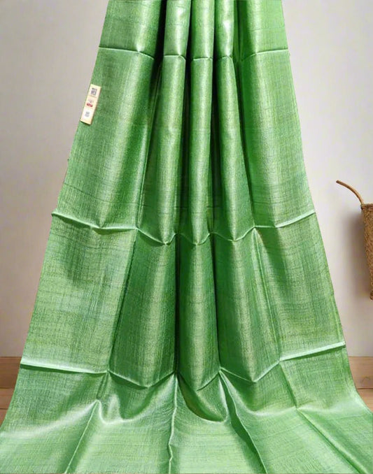 Pasta Green Pure Desi Tussar Plain Silk Saree| Peepal Clothing