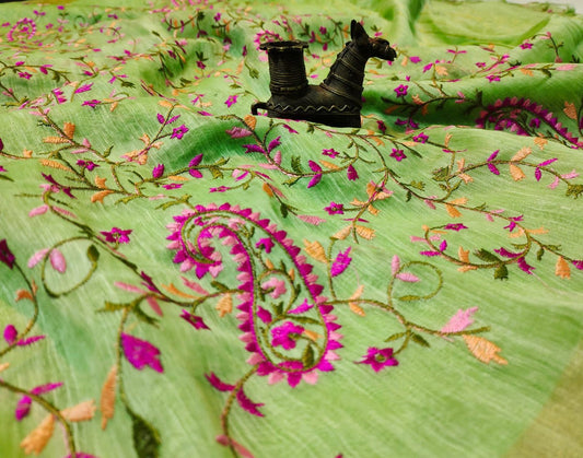 Pasta green Embroidered Silk Linen Saree|Peepal Clothing