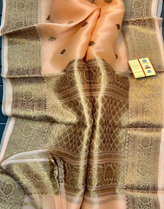 Peach Banarasi Pure Khaddi Organza Silk Saree | Peepal Clothing