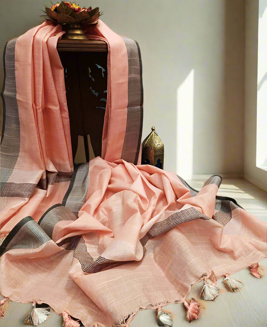 Peach Cotton Slub Dupatta with Contrast Border | Peepal Clothing