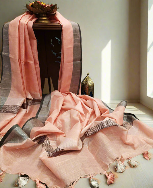 Peach Cotton Slub Dupatta with Contrast Border | Peepal Clothing