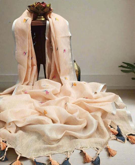 Peach Embroidered Linen Dupatta | Peepal Clothing