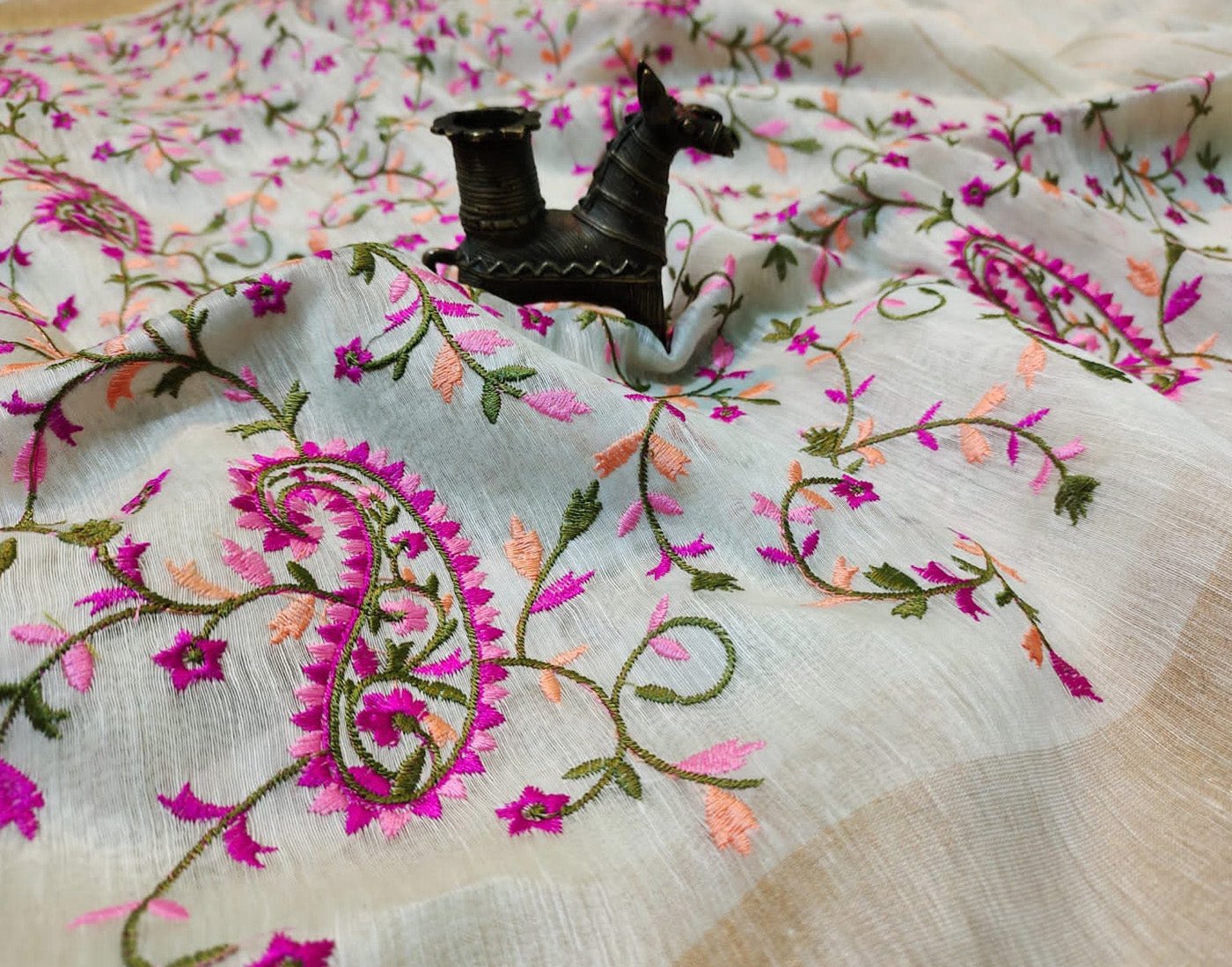 Peach Embroidered Silk Linen Saree|Peepal Clothing