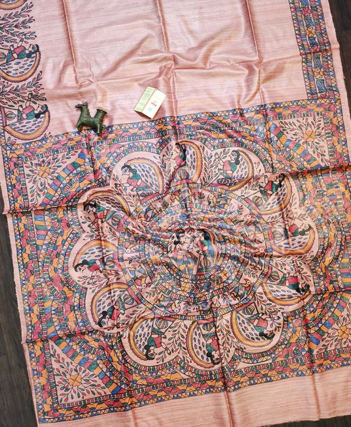 Peach Madhubani Hand Painted Pure Tussar Ghicha Silk Saree | Peepal Clothing