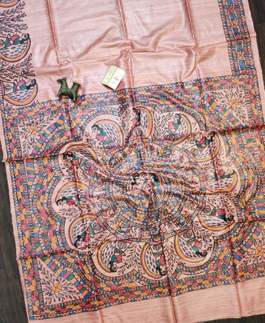 Peach Madhubani Hand Painted Pure Tussar Ghicha Silk Saree | Peepal Clothing