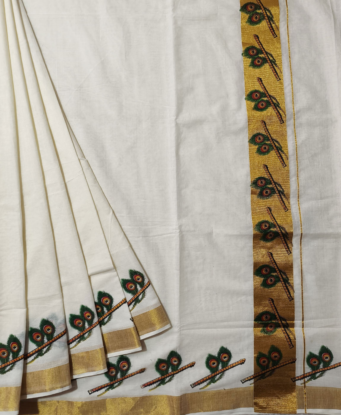 Peacock Feather Mural Printed Kerala Cotton Saree | Peepal Clothing