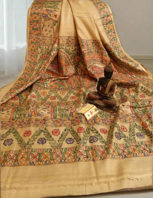 Shop Peacock Motif Madhubani Hand Painted Pure Desi Tussar Silk Saree Online at www.peepalclothing.com