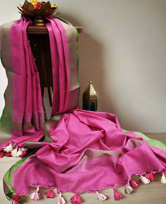 Pink Cotton Slub Dupatta with Contrast Border | Peepal Clothing