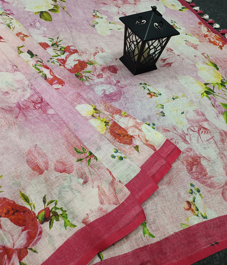 Pink Digital Printed Linen Saree | Peepal Clothing