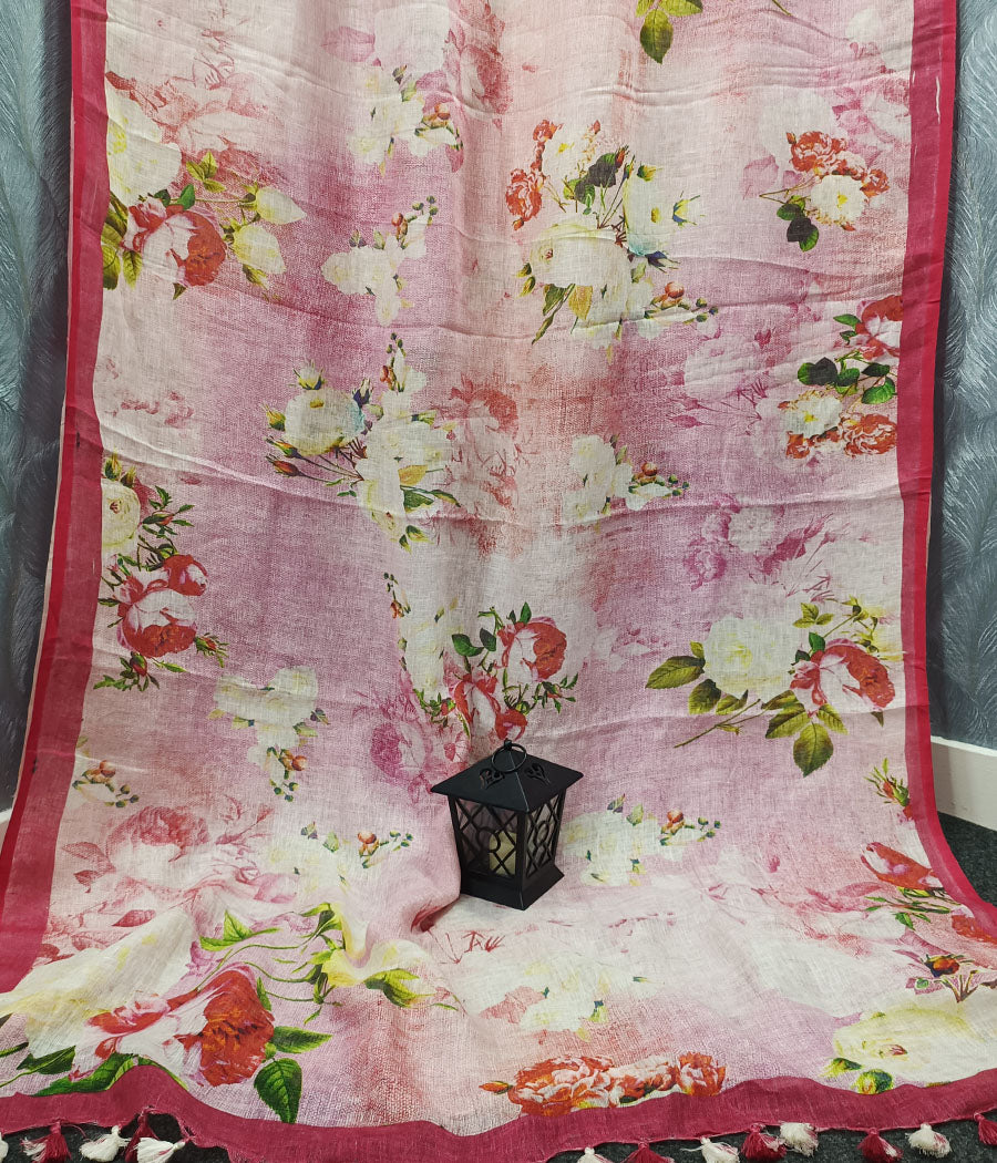Pink Digital Printed Linen Saree | Peepal Clothing