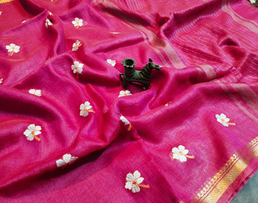 Pink Embroidered Pure Silk Linen Saree | Peepal Clothing