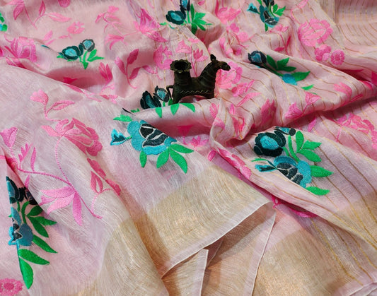 Pink Embroidered Silk Linen Saree|Peepal Clothing