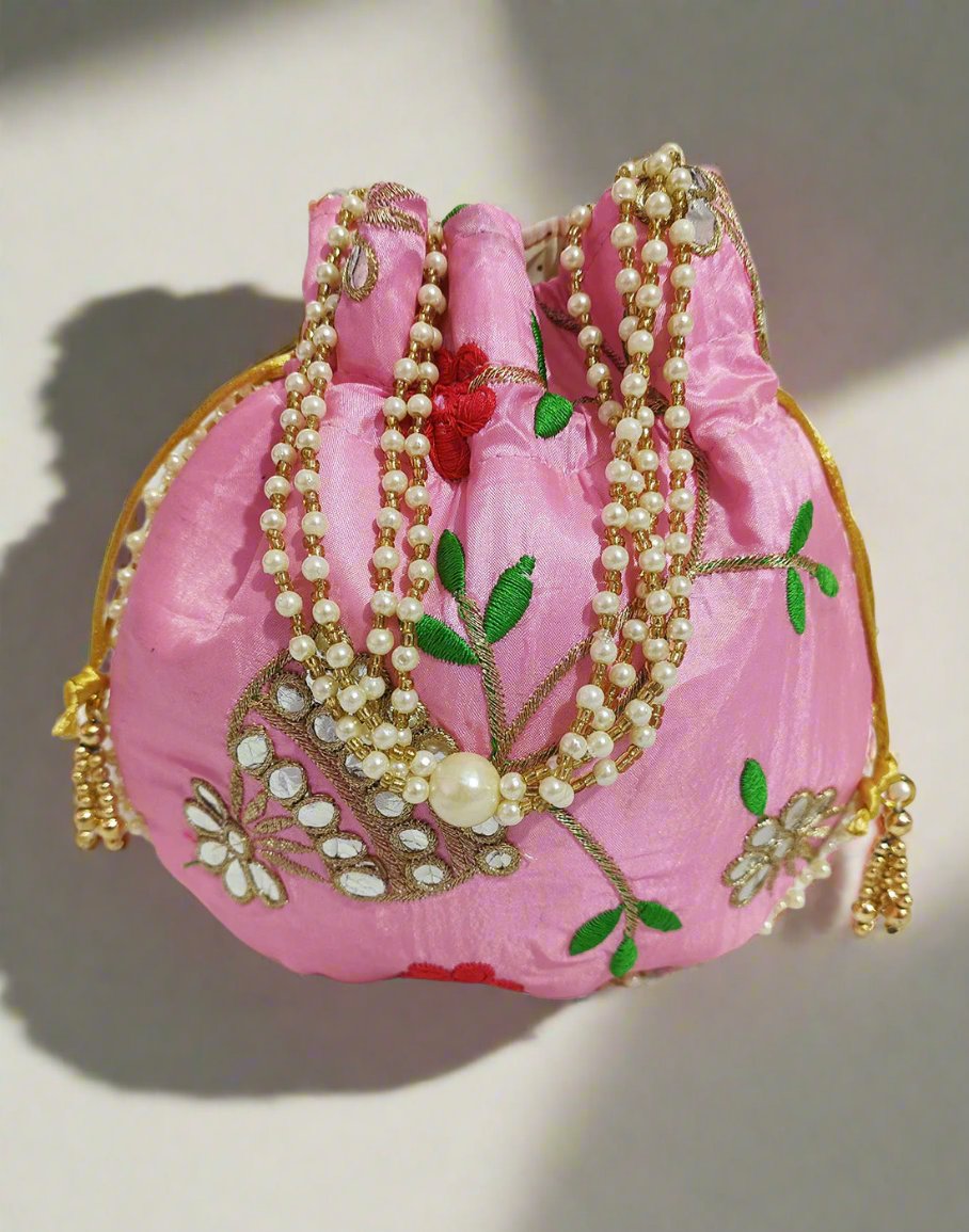 Pink Floral Motif Potli | Peepal Clothing
