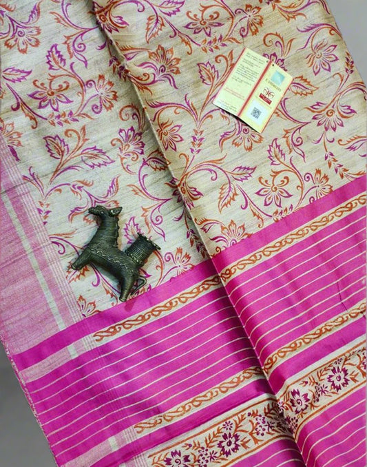 Pink Floral Printed Tussar Ghicha Silk Saree| Peepal Clothing