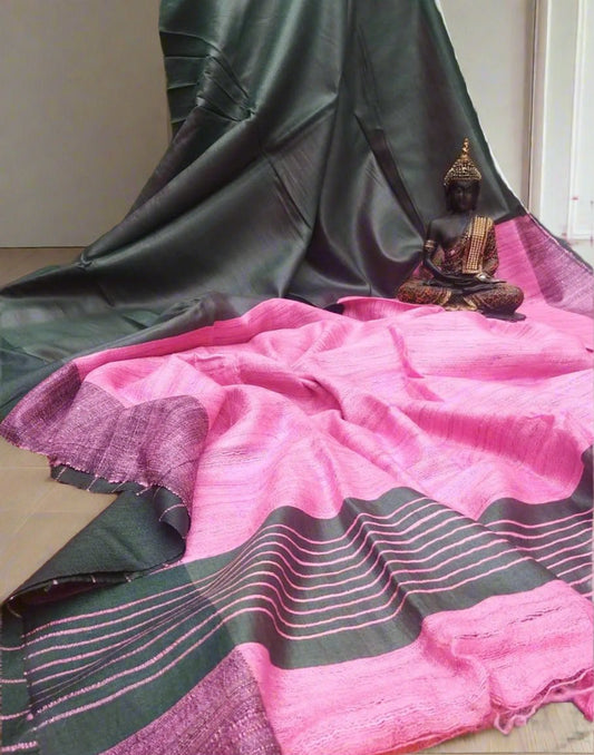 Pink-grey Korean tussar ghicha pallu saree with staple body| Peepal Clothing