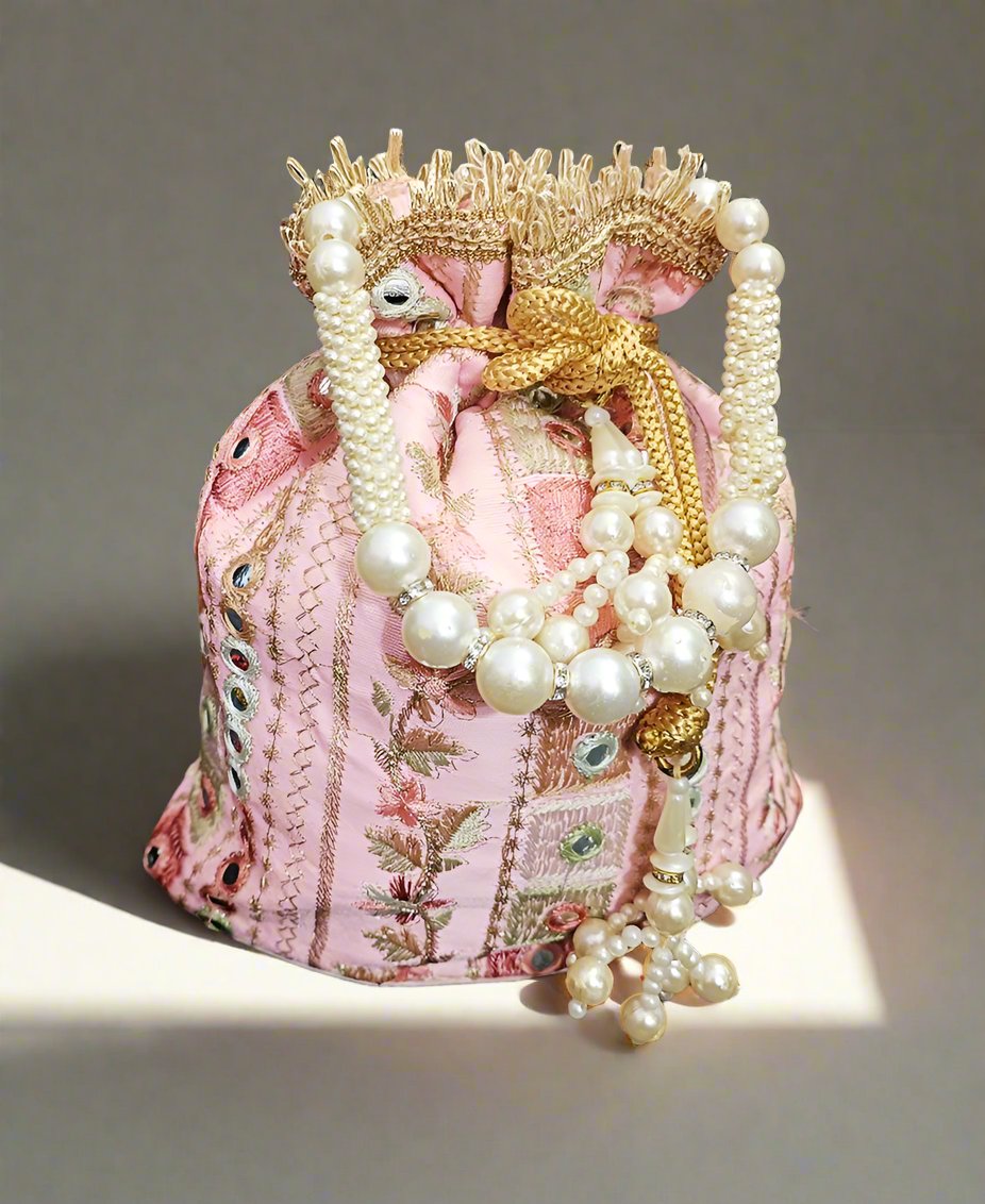 Pink Mirror Work Embroidered Potli | Peepal Clothing