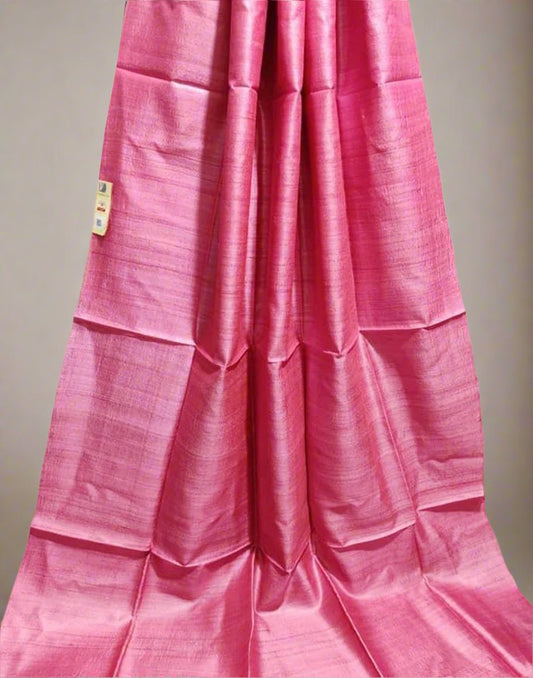 Pink Pure Desi Tussar Plain Silk Saree| Peepal Clothing