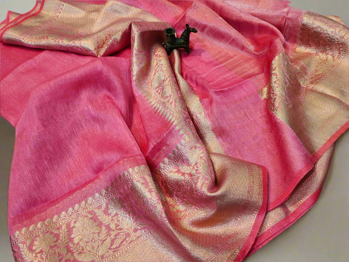 Pink Pure Silk Linen Banarasi Saree | People Clothing
