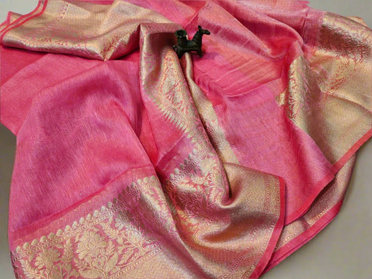 Pink Pure Silk Linen Banarasi Saree | People Clothing