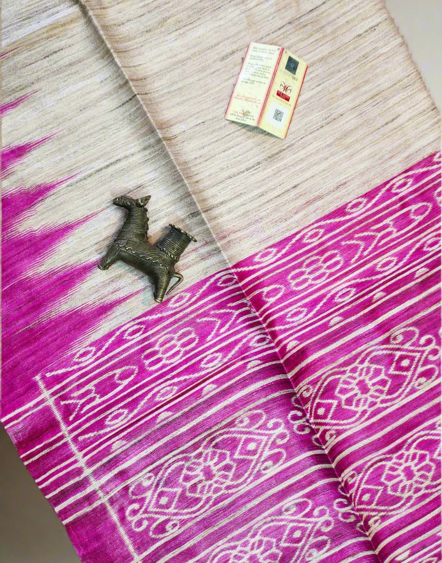 Pink Tussar Ghicha Ikkat Printed Silk Saree| Peepal Clothing