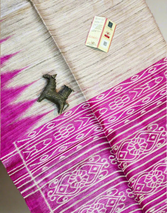 Pink Tussar Ghicha Ikkat Printed Silk Saree| Peepal Clothing