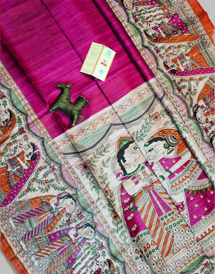 Pink Tussar Ghicha Madhubani Printed Silk Saree| Peepal Clothing
