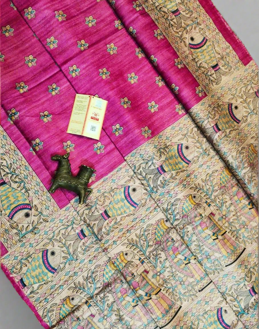Pink Tussar Ghicha Madhubani buta Printed Silk Saree| Peepal Clothing