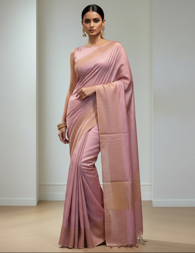 Pink Tussar Munga Silk Saree | Peepal Clothing