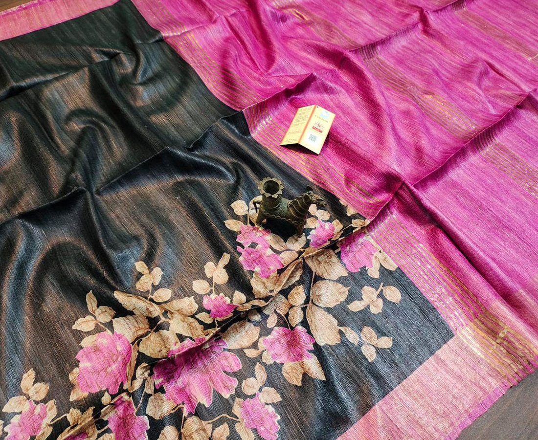 Pink and Black Floral Printed Tussar Ghicha Silk Saree with Zari Border | Peepal Clothing