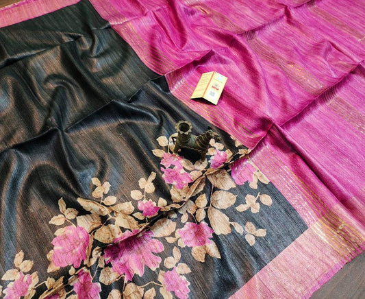 Pink and Black Floral Printed Tussar Ghicha Silk Saree with Zari Border | Peepal Clothing
