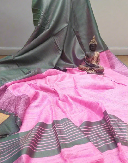 Pink and Grey Korean tussar ghicha pallu saree with staple body| Peepal Clothing