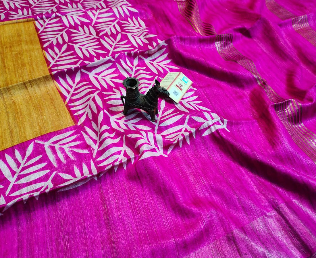 Pink and Mustard Leaf Printed Tussar Ghicha Silk Saree with Zari Border | Peepal Clothing
