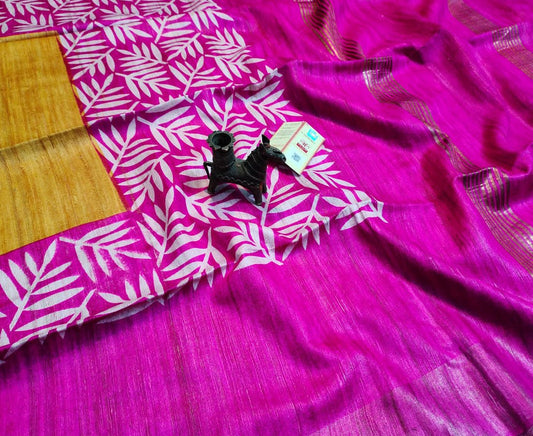 Pink and Mustard Leaf Printed Tussar Ghicha Silk Saree with Zari Border | Peepal Clothing