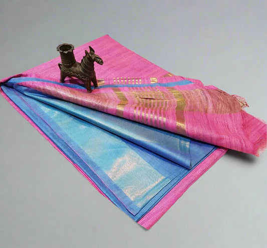 Pink and blue Korean tussar ghicha saree pallu with staple body and Zari border| Peepal Clothing