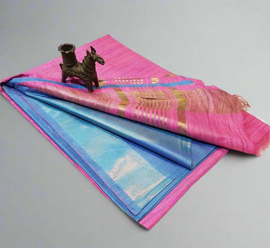 Pink-blue Korean tussar ghicha pallu saree with staple body| Peepal Clothing