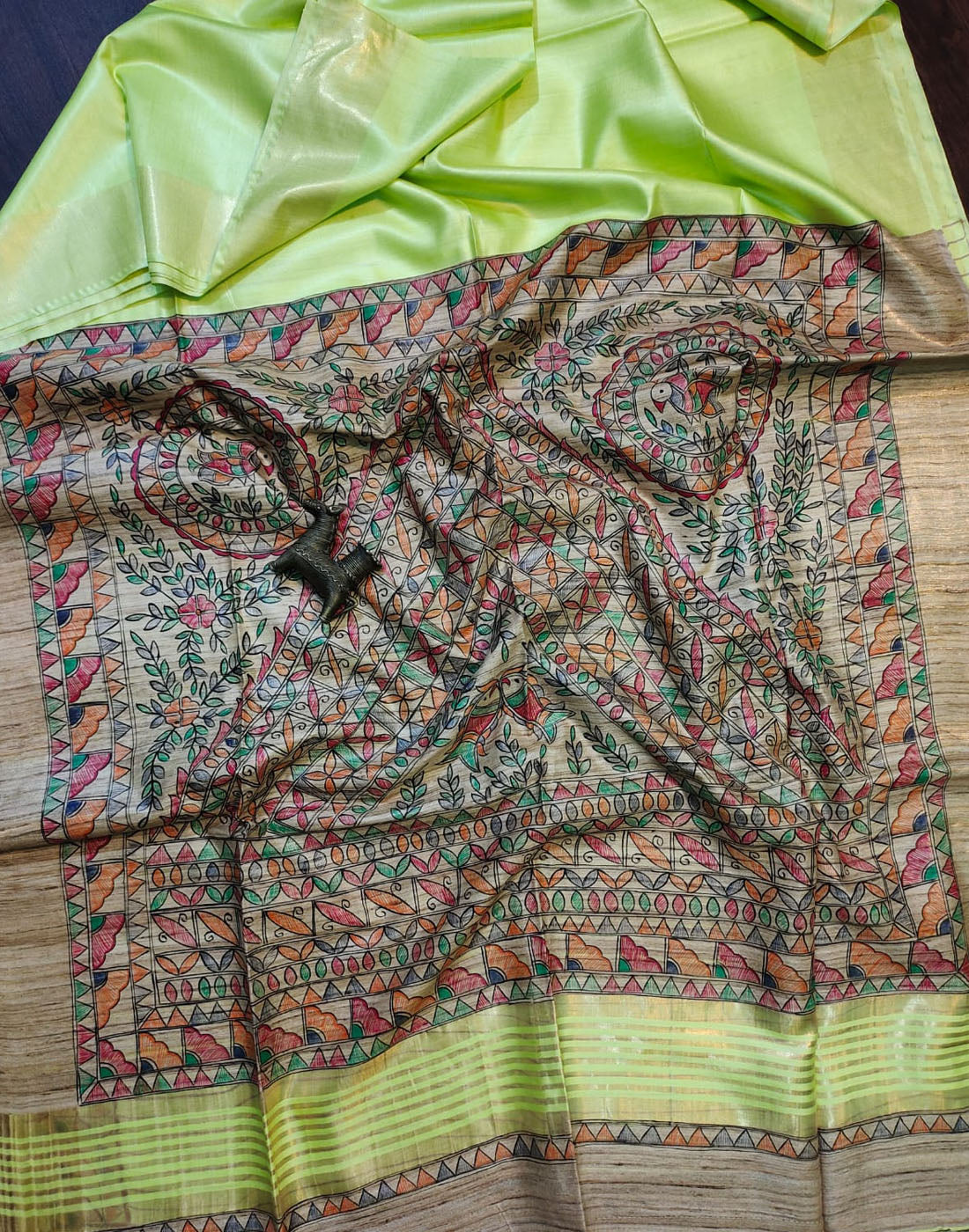 Pista Green Madhubani Hand Painted PalluTussar Ghicha Silk Saree