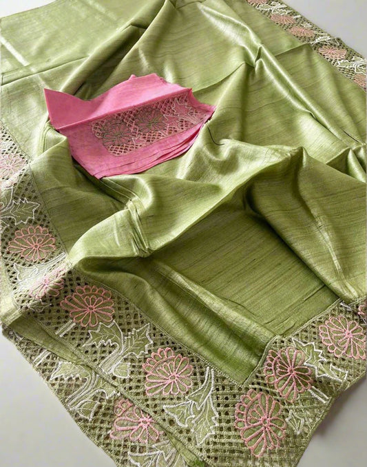 Pista Green Hand Cutwork Tussar Ghicha Silk Saree | Peepal Clothing
