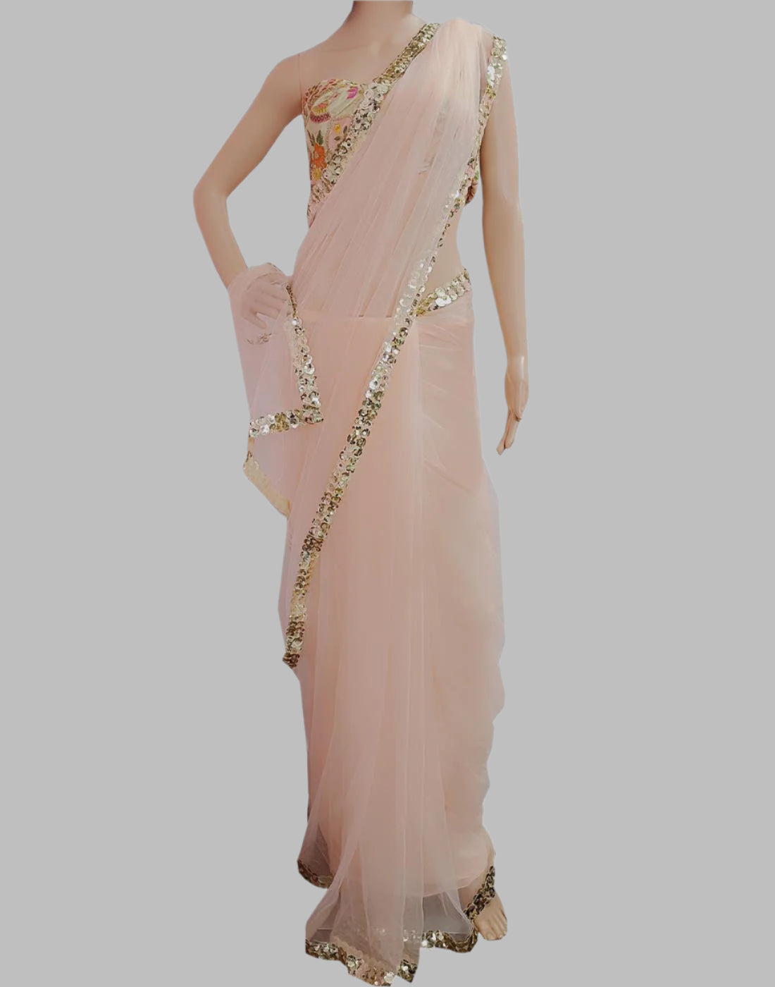 Powder Pink Lace Border Net Saree | Peepal Clothing
