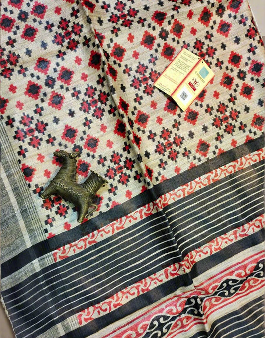 Printed Geometrical Motif Tussar Ghicha Silk Saree| Peepal Clothing