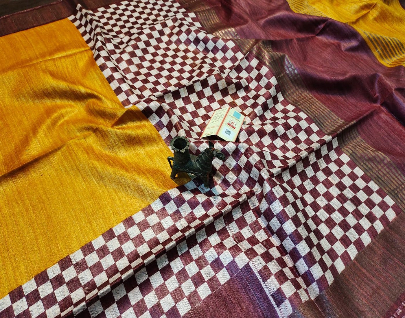 Printed Mustard Tussar Ghicha Silk Saree with Zari Border| Peepal Clothing