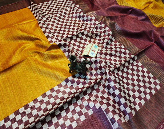 Printed Mustard Tussar Ghicha Silk Saree with Zari Border| Peepal Clothing