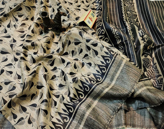 Printed Tussar Ghicha Silk Saree in Black| Peepal Clothing