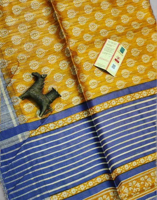 Printed Tussar Ghicha Silk Saree in Mustard Color| Peepal Clothing