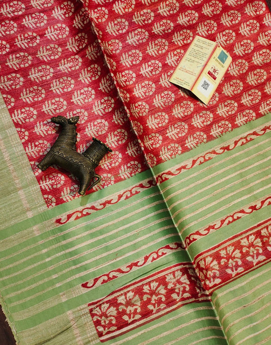 Printed Tussar Ghicha Silk Saree in Red| Peepal Clothing