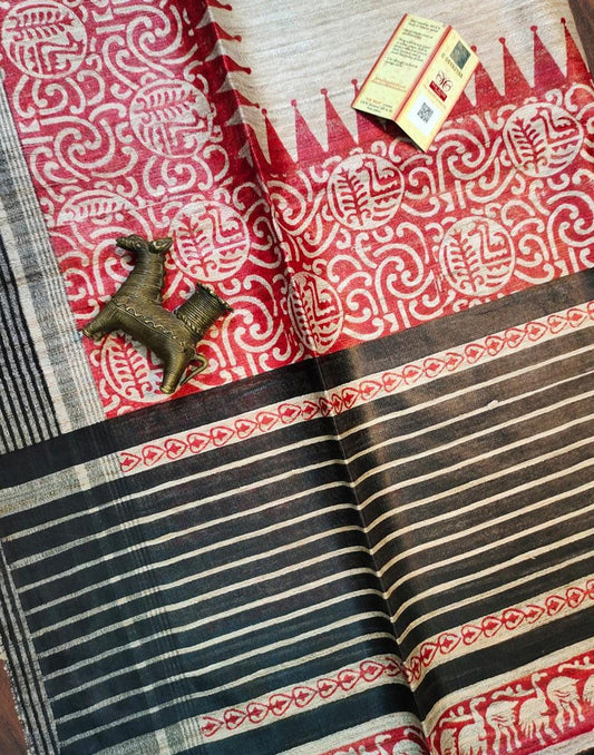 Printed Tussar Ghicha Silk Saree in Red and Black| Peepal Clothing