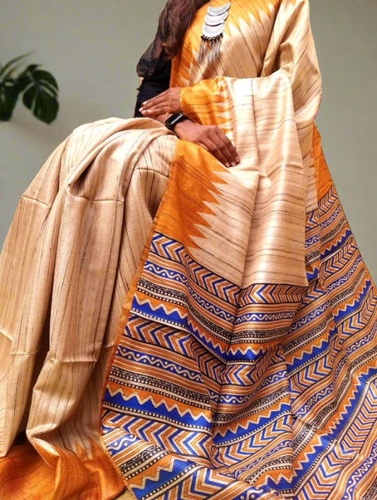 Printed Pure Tassar Ghicha Saree www.peepalclothing.com