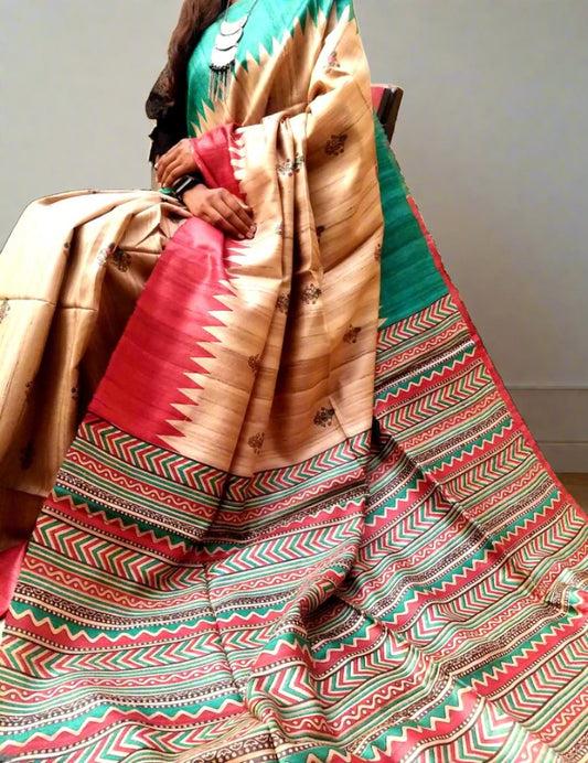 Printed Pure Tassar Ghicha Saree www.peepalclothing.com