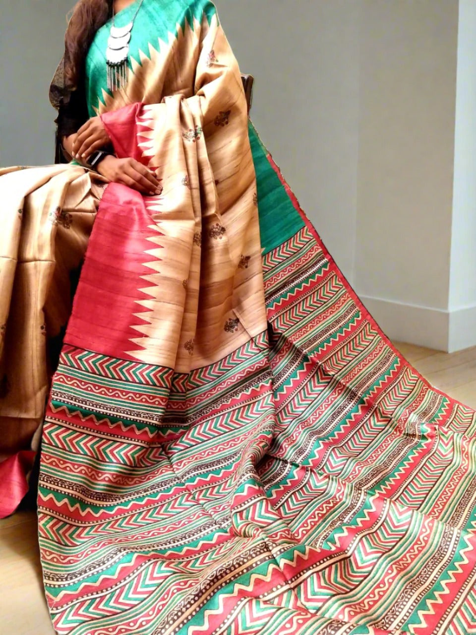 Printed Red and Firozi Temple Border Silk saree | Peepal Clothing